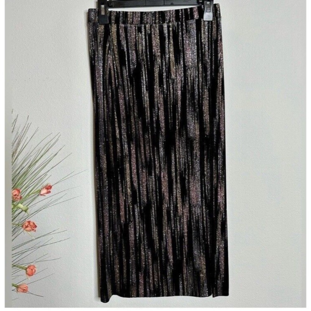 NWT  Topshop Velvet Black Midi  Skirt With Metallic Glitter Gold And Silver SZ 6 - Picture 8 of 8